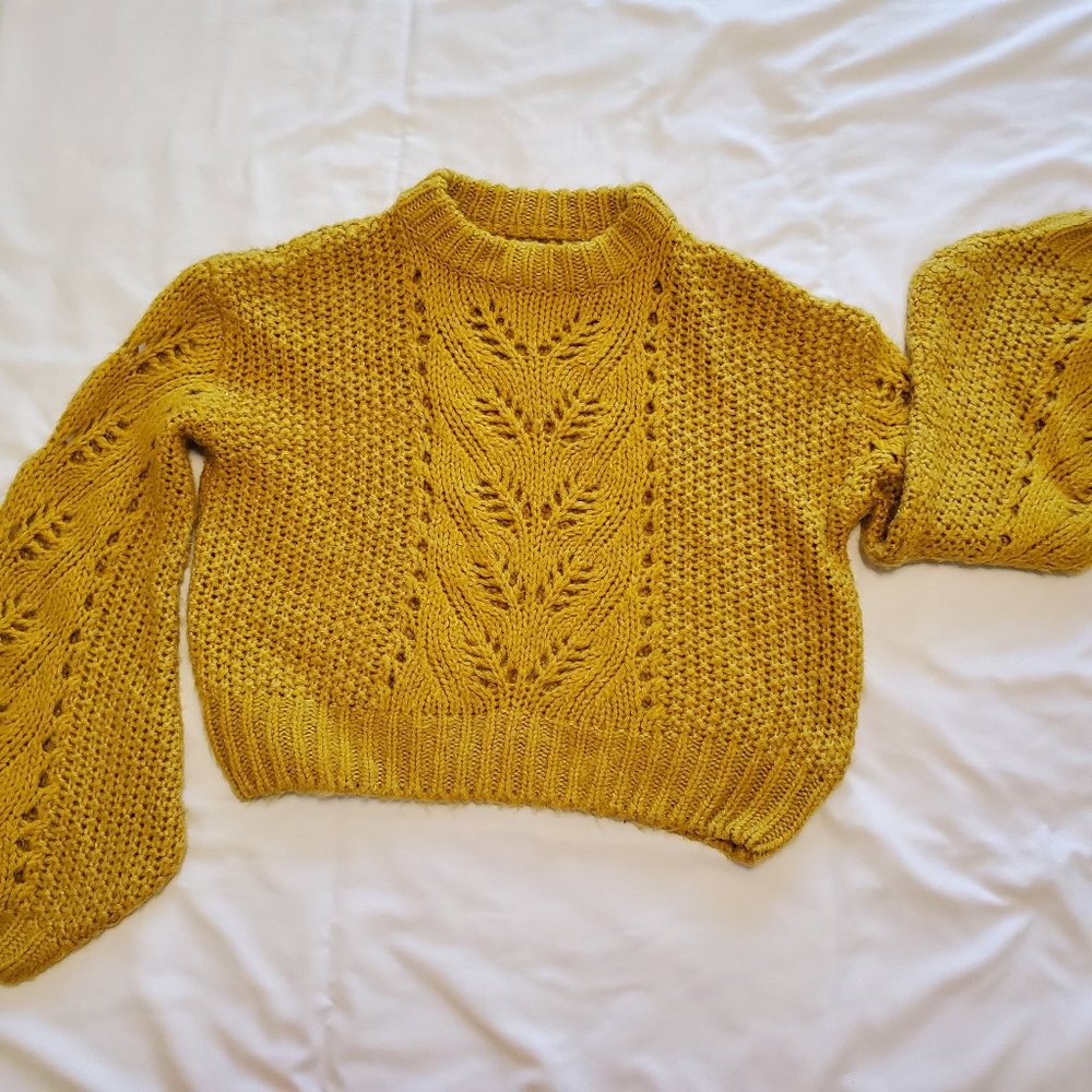 Chunky Knit Revolve Silverflint Cropped Balloon-Sleeved Sweater Size S